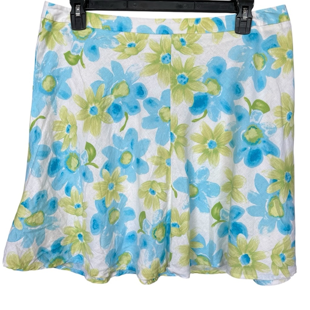 George Vintage A line Linen Blend Floral Blue and Green Skater Mini Skirt SZ 18